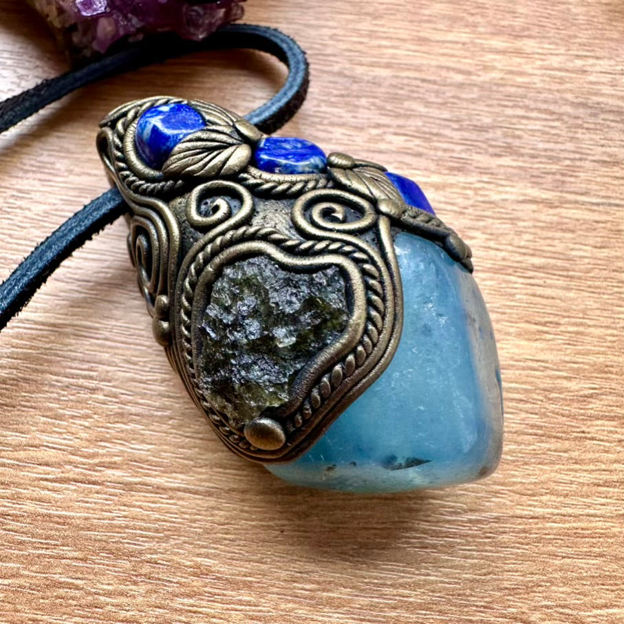 Aquamarine including Black Tourmaline Moldavite and Lapis Lazuli Crystal Pendant Necklace / Healing Crystal Talisman - FairyGardenGlow