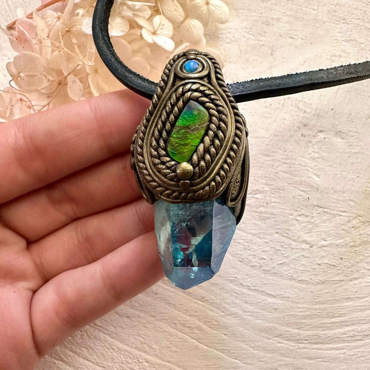 Aqua Aura Quartz Ammolite and Australian Opal Pendant Necklace - FairyGardenGlow