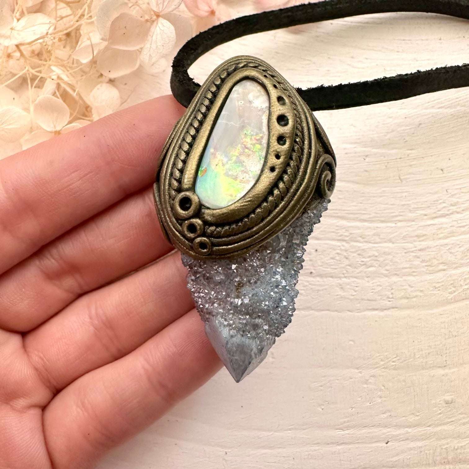Aqua Aura Spirit Quartz and Coober Pedy Australian Opal Necklace - FairyGardenGlow