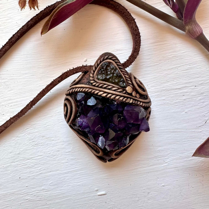Amethyst Cluster and Moldavite Pendant Necklace - FairyGardenGlow