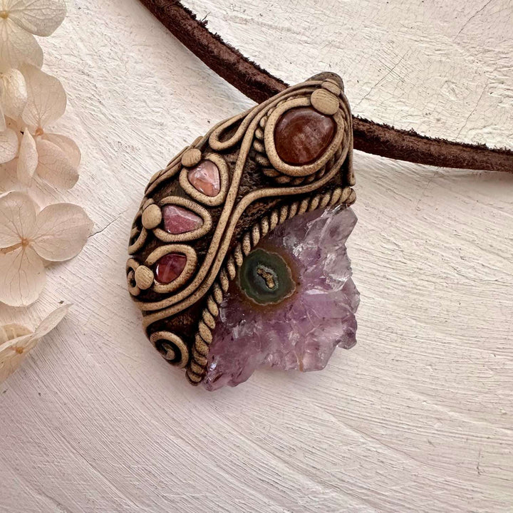 Amethyst Stalactite Sunstone and Pink Tourmaline Pendant Necklace - FairyGardenGlow