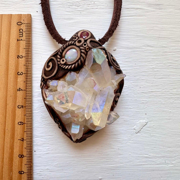 Angel Aura Quartz Cluster Australian Opal and Ruby Pendant Necklace - FairyGardenGlow