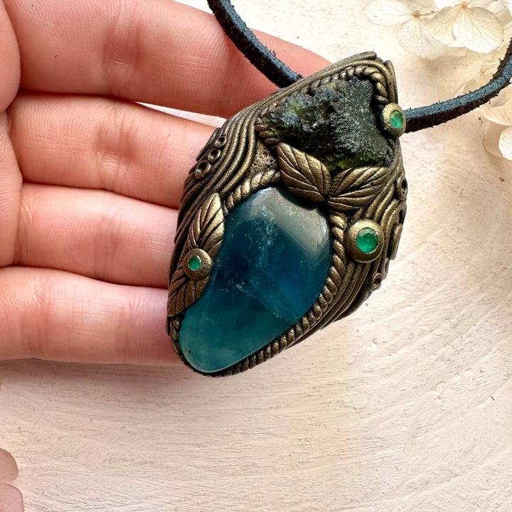 Blue Fluorite Moldavite and Emerald Pendant Necklace - FairyGardenGlow