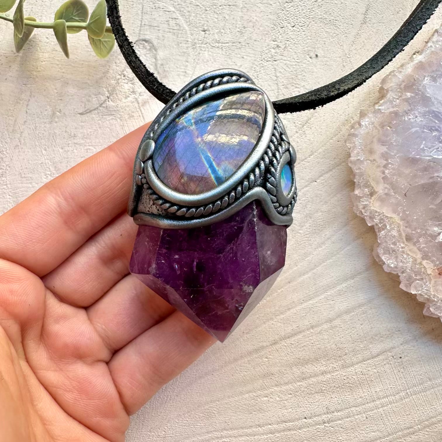 Polished Amethyst Labradorite and Raw Ethiopian Opal Wand / Pendant Necklace