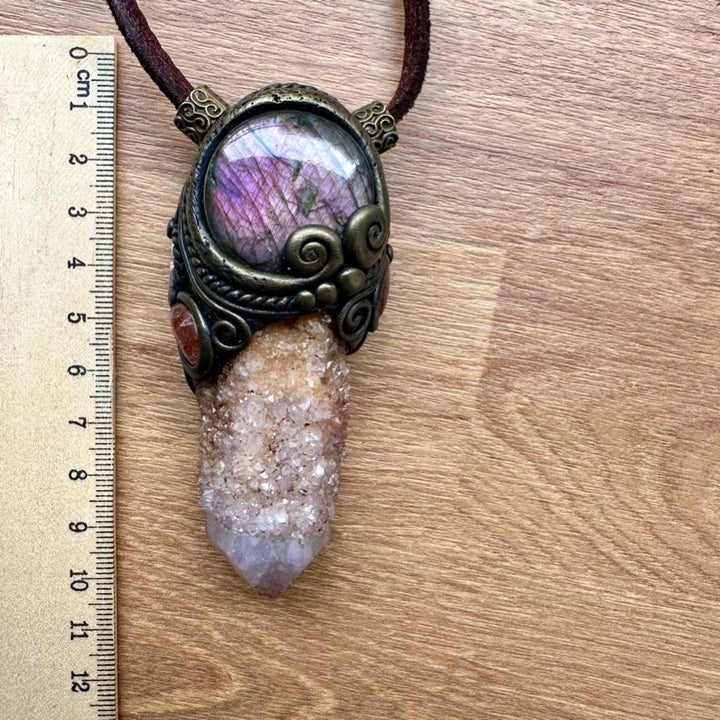 Spirit Quartz Purple Labradorite Sunstone and Rhodochrosite Healing Crystal Talisman / Handmade Crystal Wand-Pendant - FairyGardenGlow