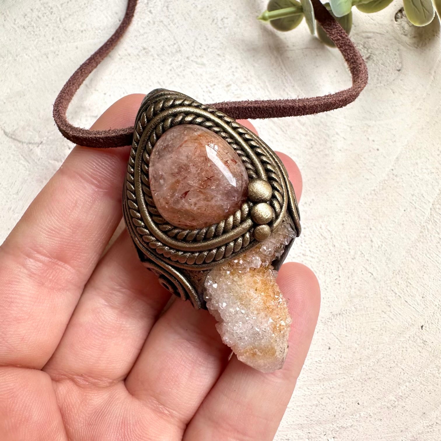Handmade crystal necklace with Spirit Quartz and Hematite Quartz for altar tools, meditation, and rituals.