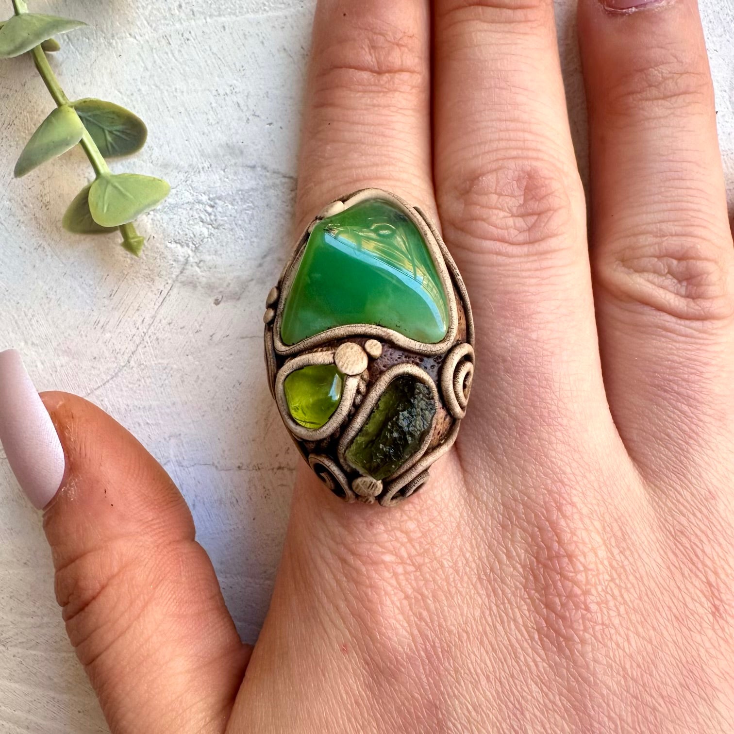 Chrysoprase with Moldavite and Peridot Crystal Ring