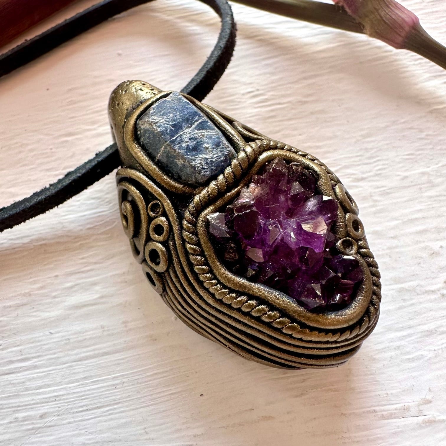 Amethyst Cluster and Raw Blue Sapphire Pendant Necklace - FairyGardenGlow