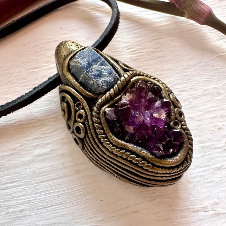 Amethyst Cluster and Raw Blue Sapphire Pendant Necklace - FairyGardenGlow