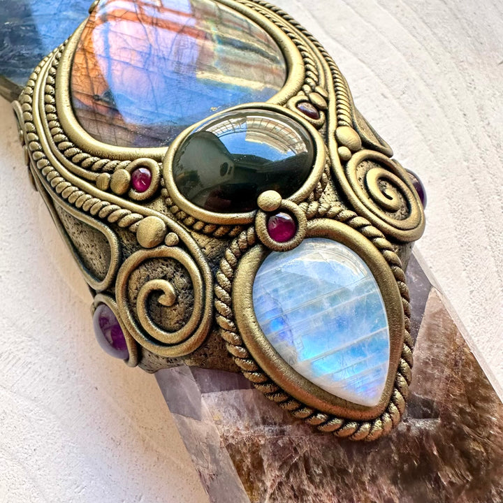 Natural crystal energy wand featuring Super Seven Quartz and colorful genuine gemstones.