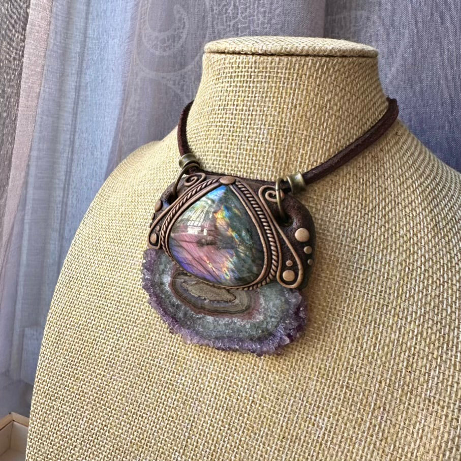 Handcrafted necklace with Amethyst Stalactite slice and Purple Labradorite