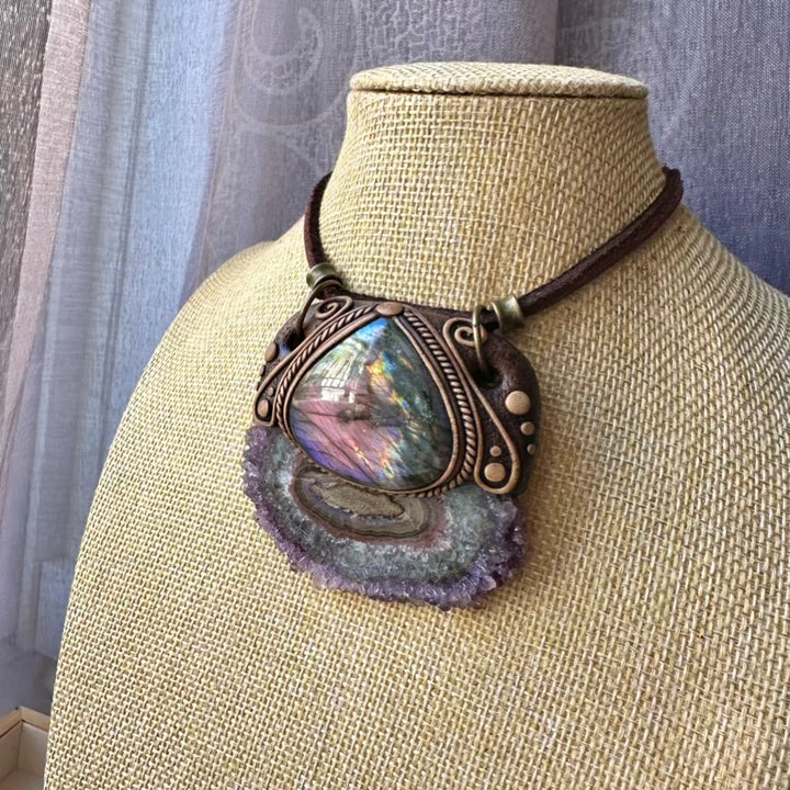Handcrafted necklace with Amethyst Stalactite slice and Purple Labradorite
