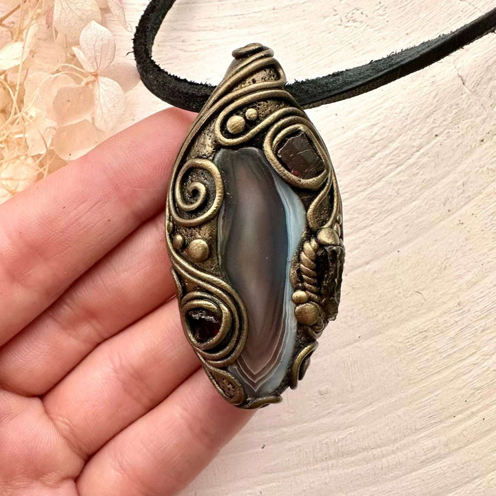 Botswana Agate Red Garnet and Moldavite Pendant Necklace - FairyGardenGlow