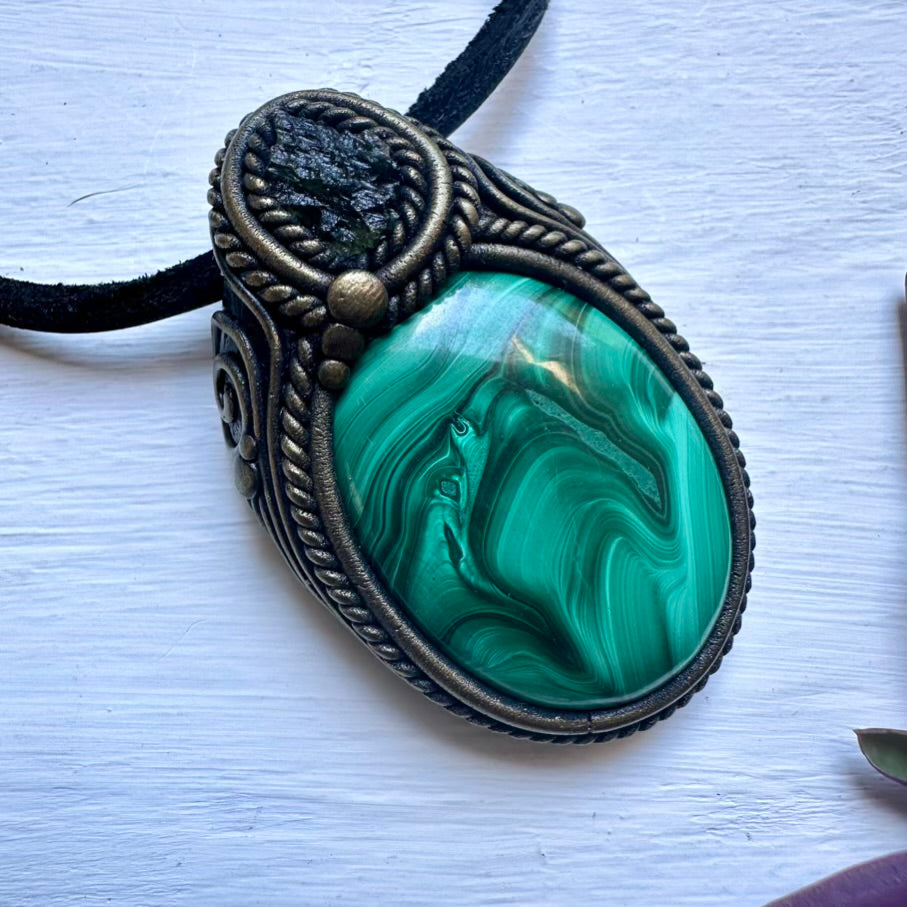 Malachite and Moldavite Necklace - FairyGardenGlow