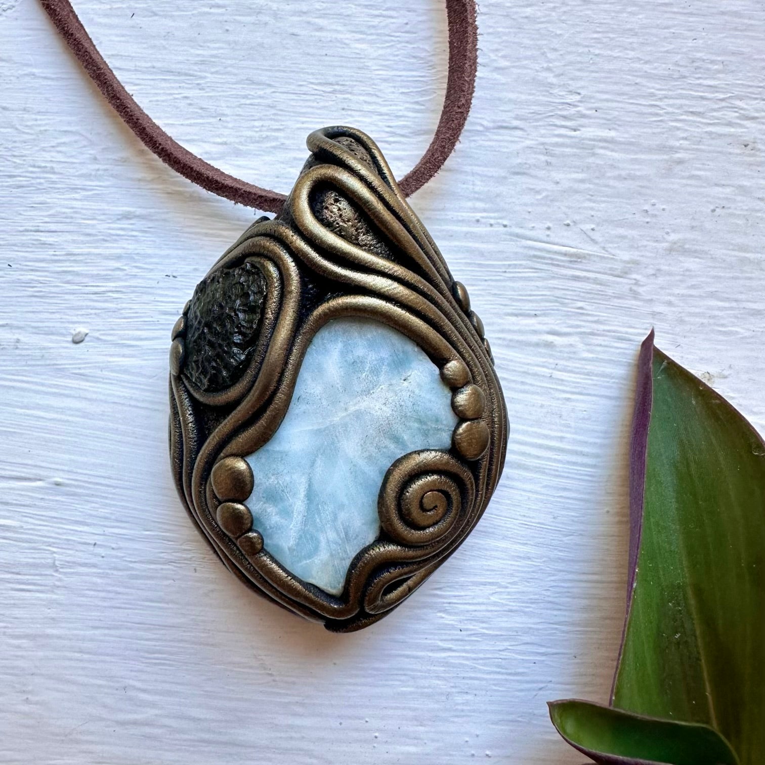 Raw Larimar and Moldavite Necklace, Healing Crystal Protection Amulet