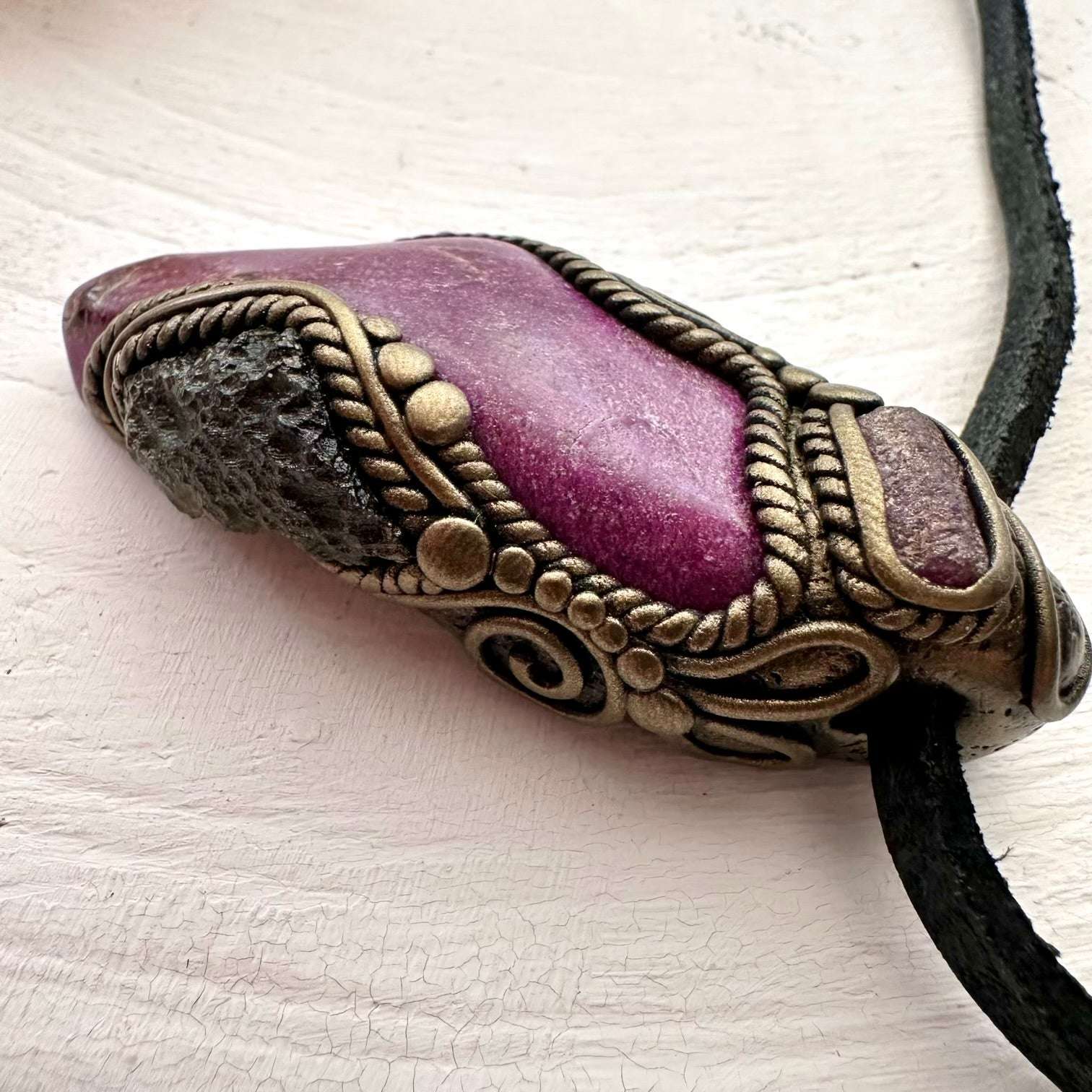 Stichtite Moldavite and Ruby Pendant, Handmade Crystal Jewelry - FairyGardenGlow
