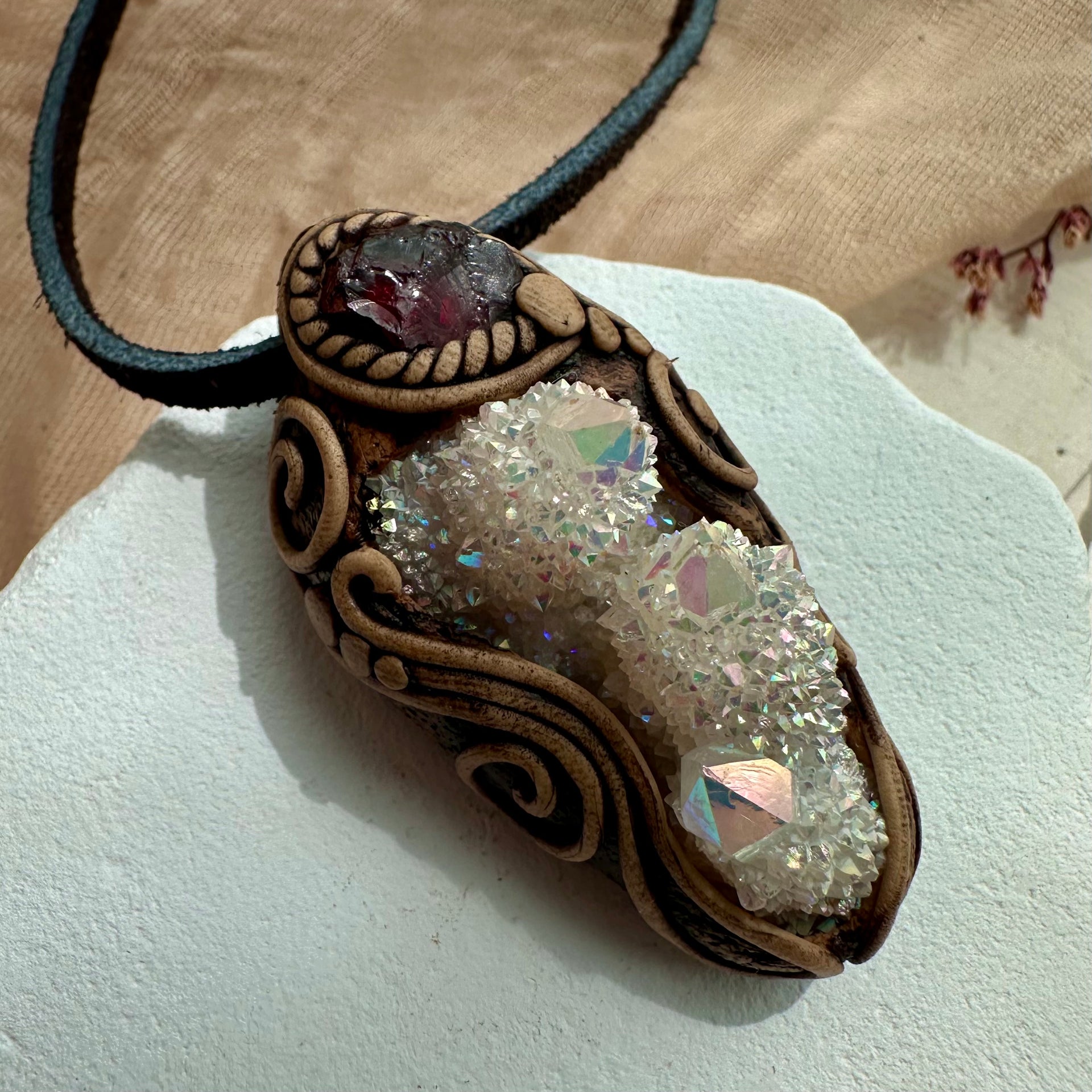 Angel Aura Spirit Quartz and Red Garnet Pendant Necklace