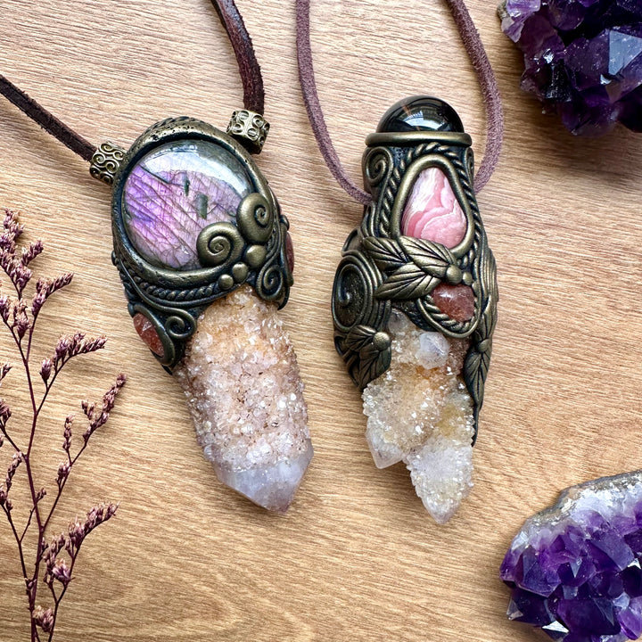 Spirit Quartz Smoky Quartz Rhodochroiste and Sunstone Crystal Talisman / Handmade Gemstone Wand-Pendant - FairyGardenGlow