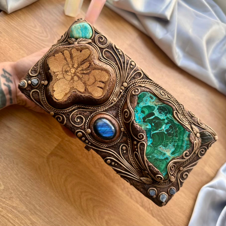Wooden Box Decorated with Crystals, Handmade Crystal Box, Unique Home Decor with Crysocolla Malachite, Ayahuasca Slice, Labradorite, Atacama Opal, Blue Sapphire and Moldavite - FairyGardenGlow