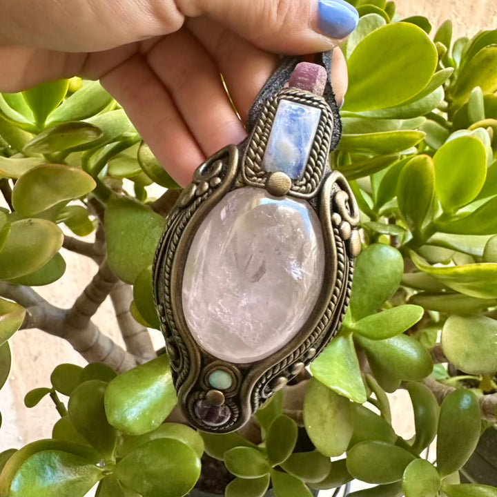 Rose Quartz Amethyst Rainbow Moonstone Ruby and Australian Opal Pendant, Healing Crystal Talisman - FairyGardenGlow