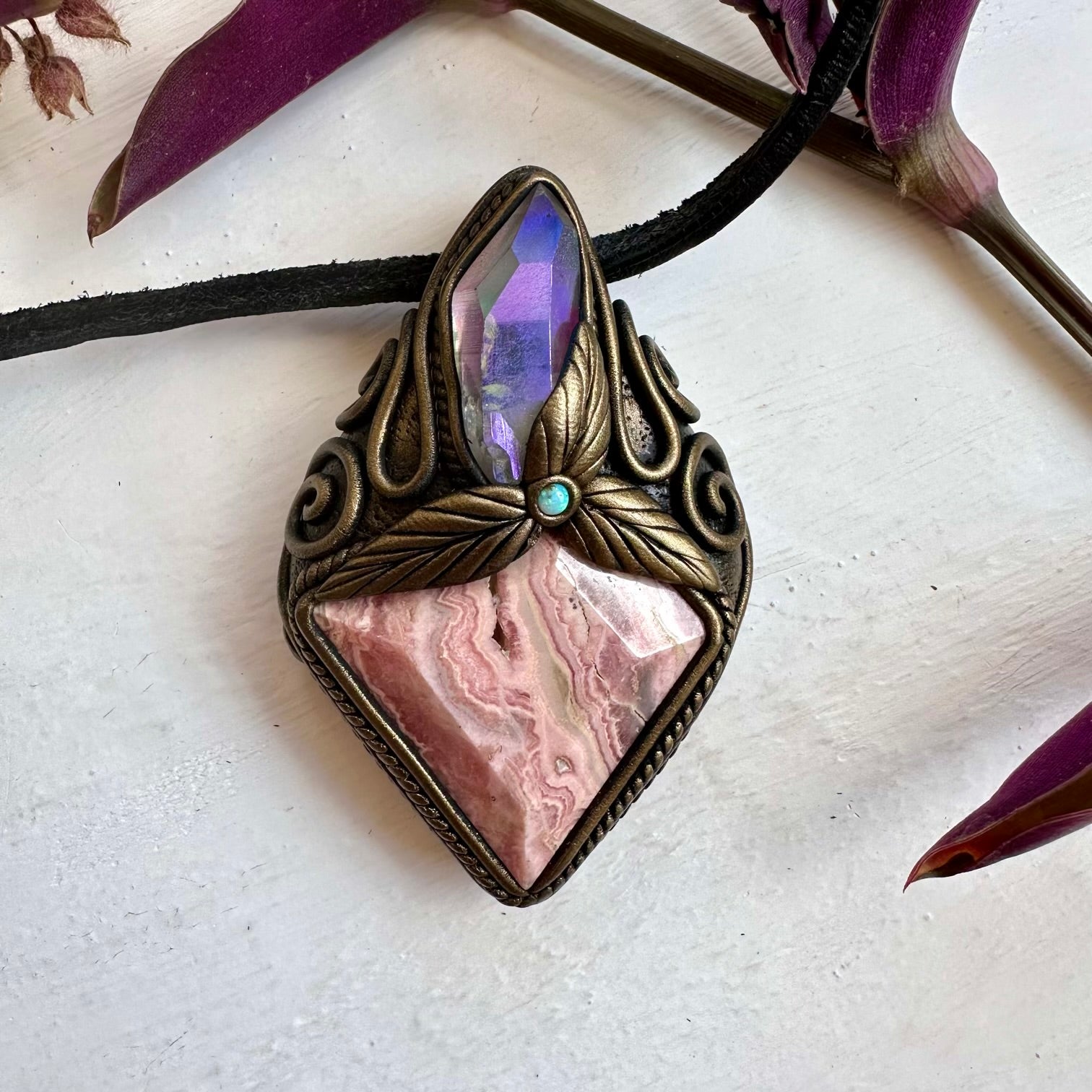 Rhodochrosite Angel Aura Quartz and Australian Opal Pendant Necklace - FairyGardenGlow