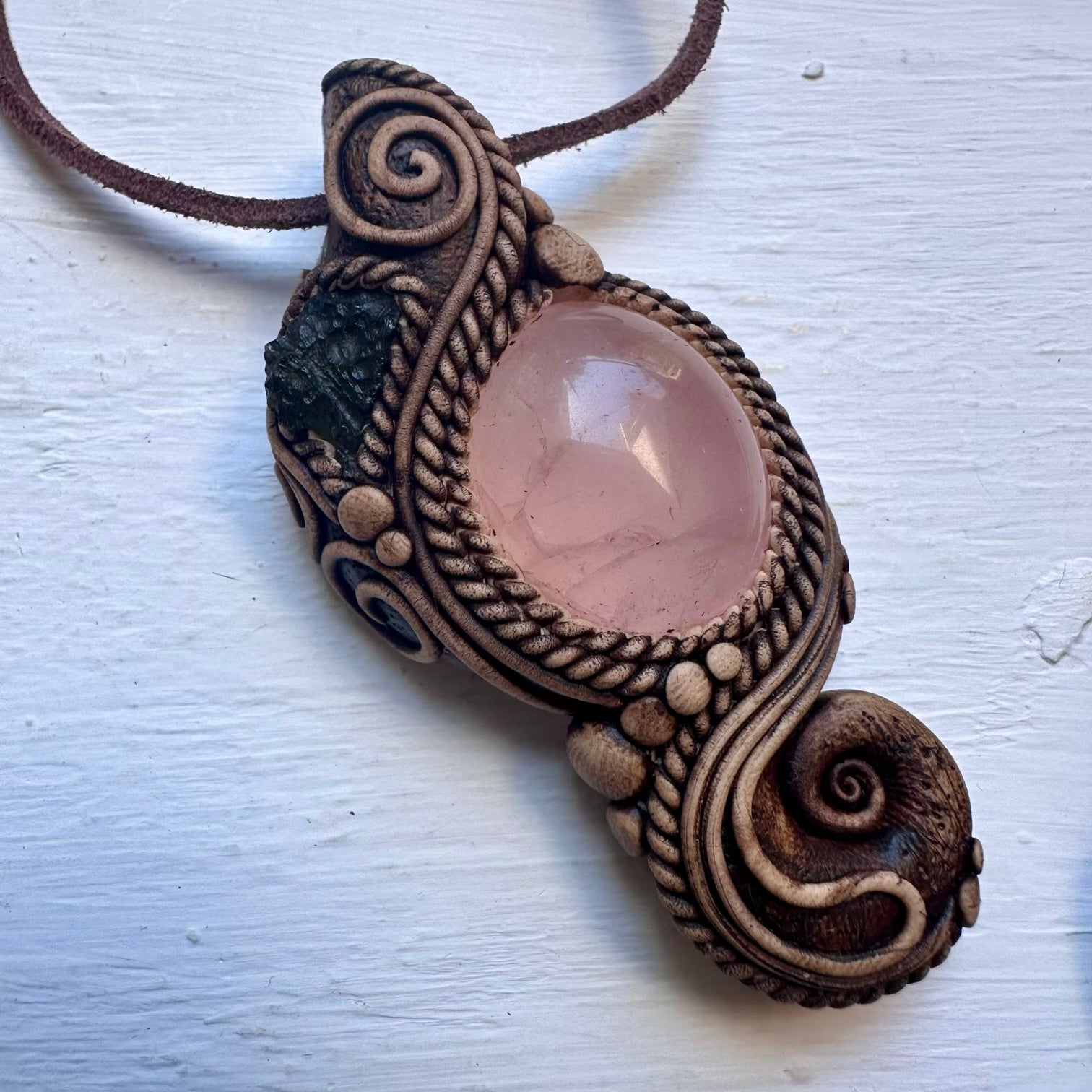 Rose Quartz and Moldavite Pendant Necklace - FairyGardenGlow