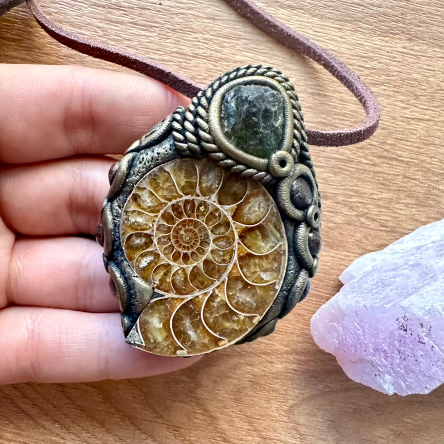 Ammonite Moldavite and Red Garnet Necklace - FairyGardenGlow