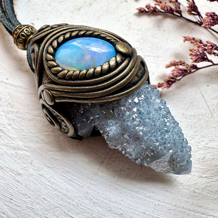 Aqua Aura Spirit Quartz and Australian Opal Necklace - FairyGardenGlow