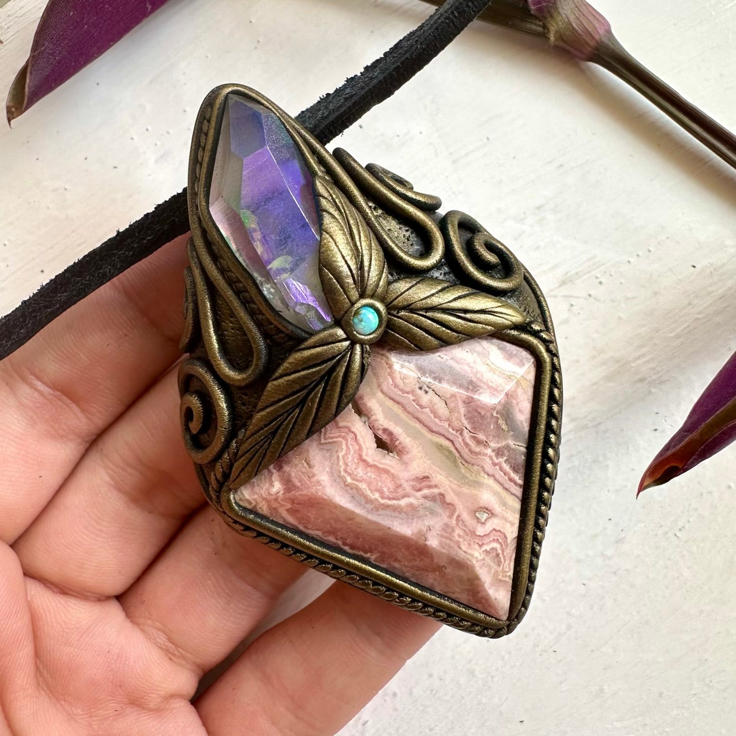 Rhodochrosite Angel Aura Quartz and Australian Opal Pendant Necklace - FairyGardenGlow