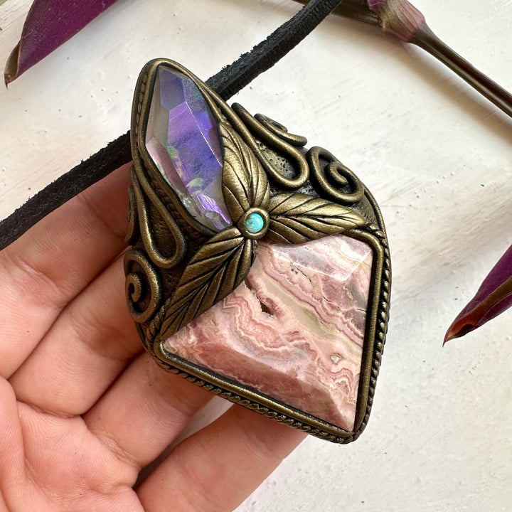 Rhodochrosite Angel Aura Quartz and Australian Opal Pendant Necklace - FairyGardenGlow