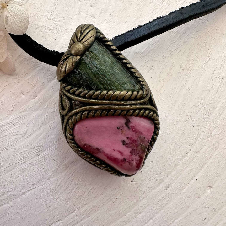 Rhodonite and Moldavite Pendant Necklace - FairyGardenGlow