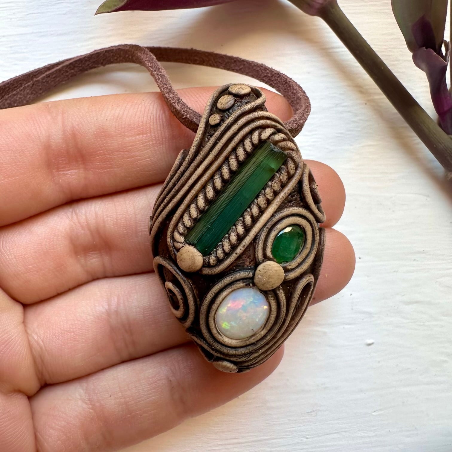 Green Tourmaline Emerald and Australian Opal Necklace - FairyGardenGlow