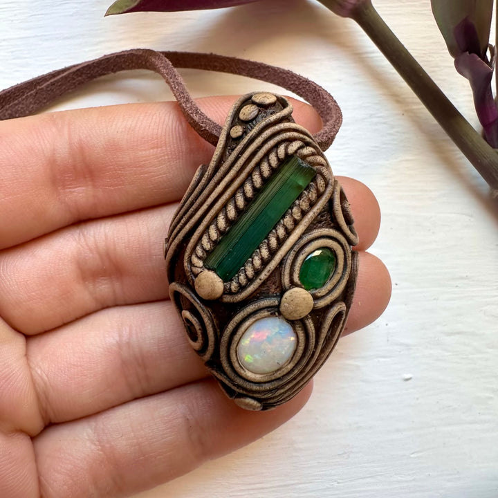 Green Tourmaline Emerald and Australian Opal Necklace - FairyGardenGlow