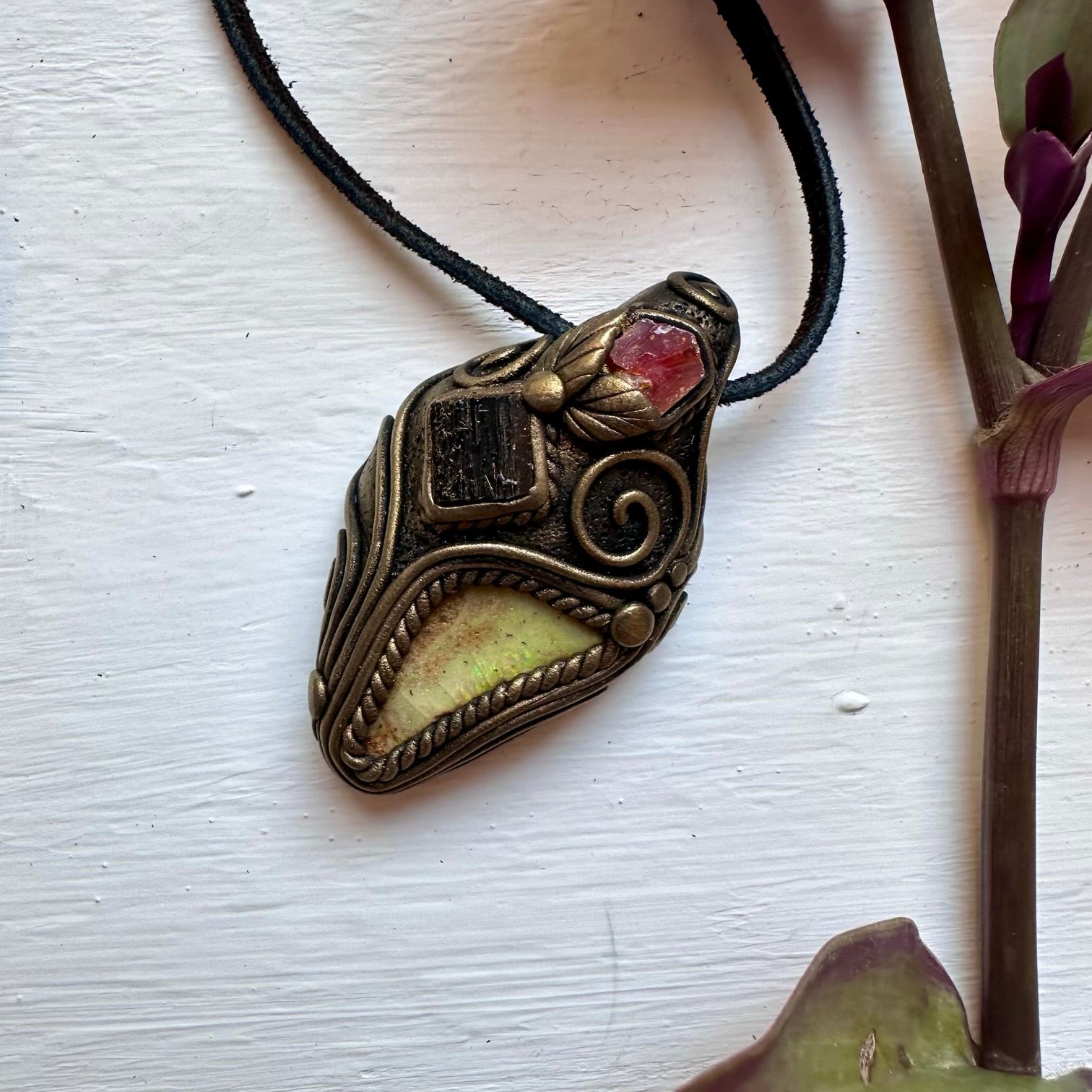 Boulder Opal Black Tourmaline and Vanadinite Pendant Necklace - FairyGardenGlow