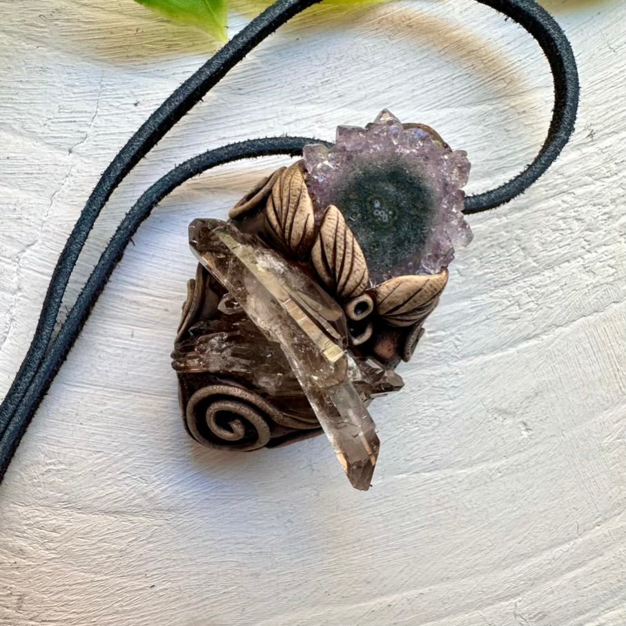 Smoky Quartz Cluster and Amethyst Stalactite Pendant Necklace, Handmade Clay Pendant FairyGardenGlow