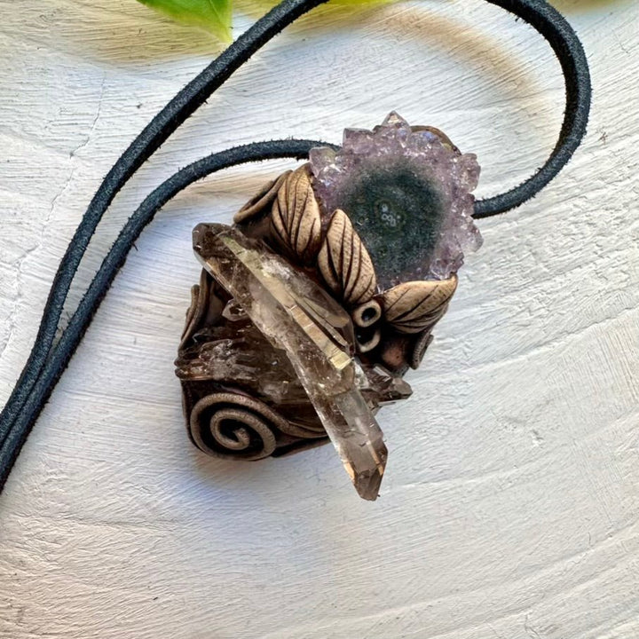 Smoky Quartz Cluster and Amethyst Stalactite Pendant Necklace, Handmade Clay Pendant FairyGardenGlow