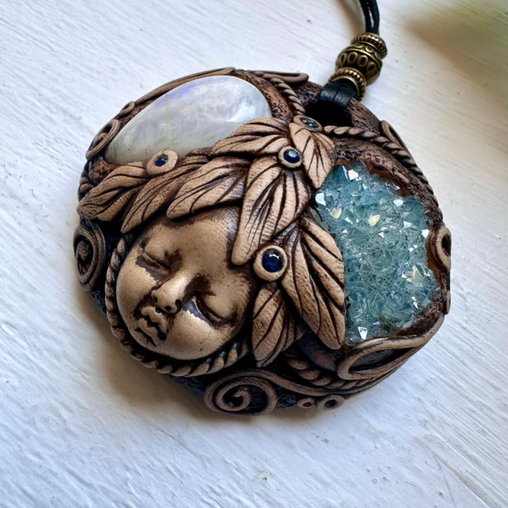Handmade Goddess Crystal Necklace with Aqua Aura Quartz Moonstone and Blue Sapphire - FairyGardenGlow