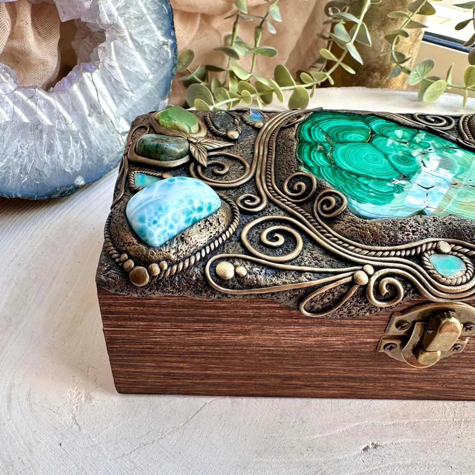 Artisan wooden box with Ethiopian opal and emerald gemstones