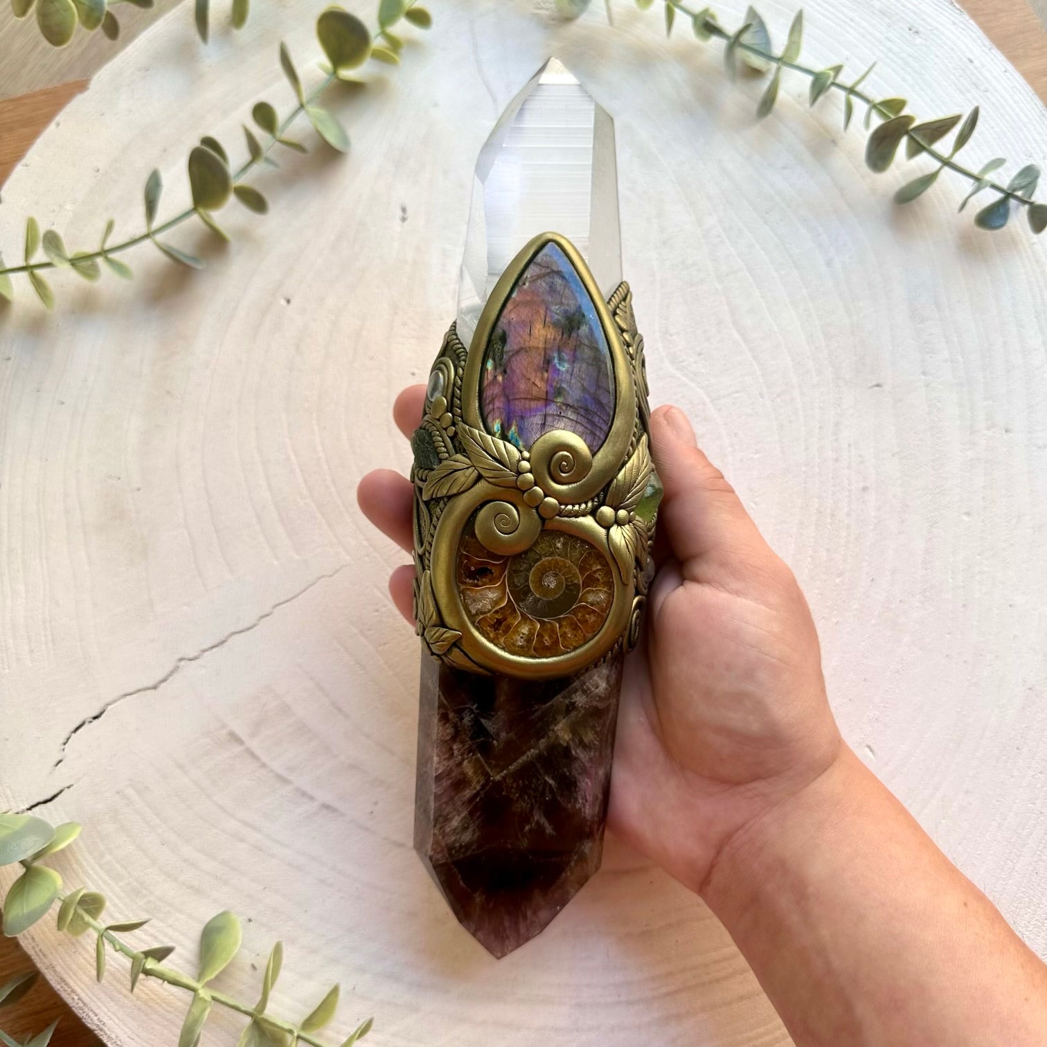 Handmade manifestation wand with Super Seven Quartz, Clear Topaz and genuine natural crystals.