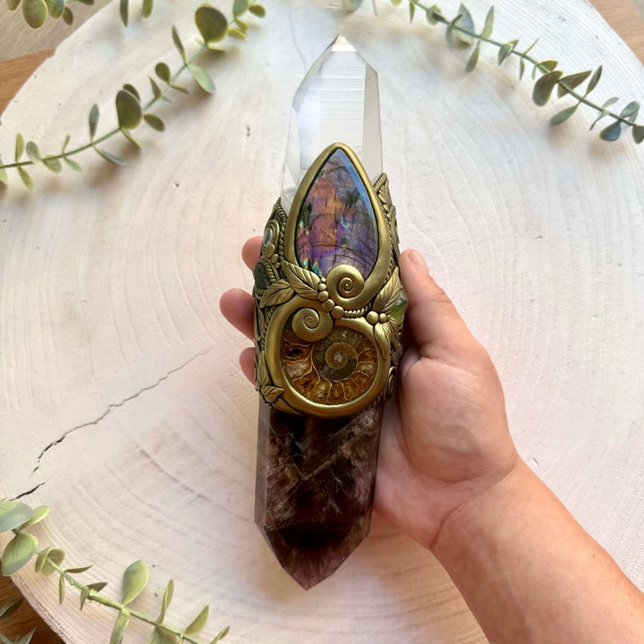 Handmade manifestation wand with Super Seven Quartz, Clear Topaz and genuine natural crystals.
