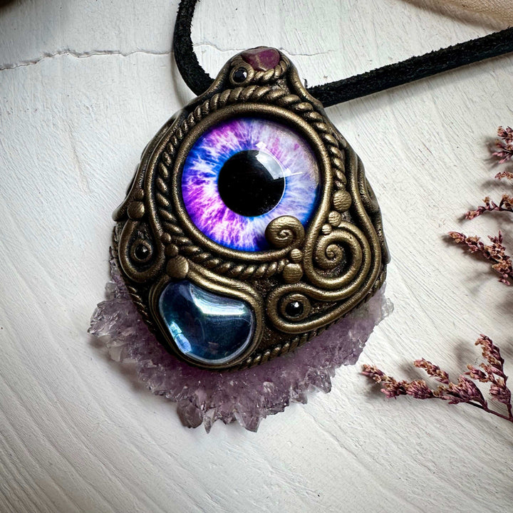 Amethyst Stalactite Aqua Aura Quartz Ruby and Blue Sapphire Eye Necklace - FairyGardenGlow