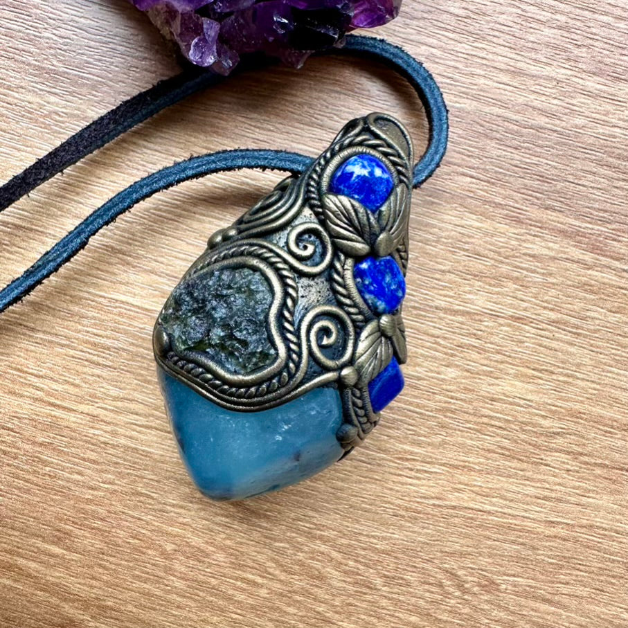 Aquamarine including Black Tourmaline Moldavite and Lapis Lazuli Crystal Pendant Necklace / Healing Crystal Talisman - FairyGardenGlow