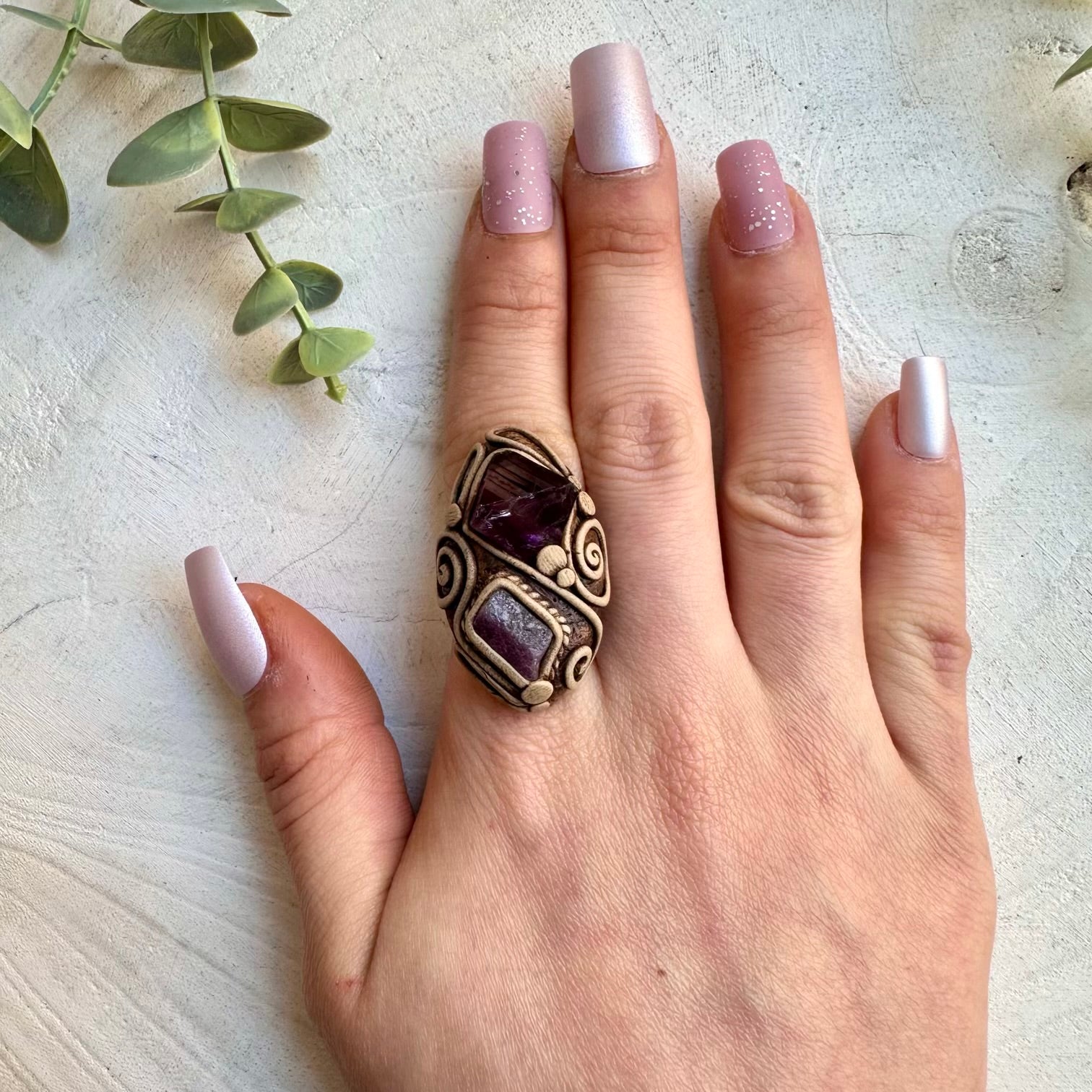 Purple Fluorite and Raw Ruby Adjustable Ring