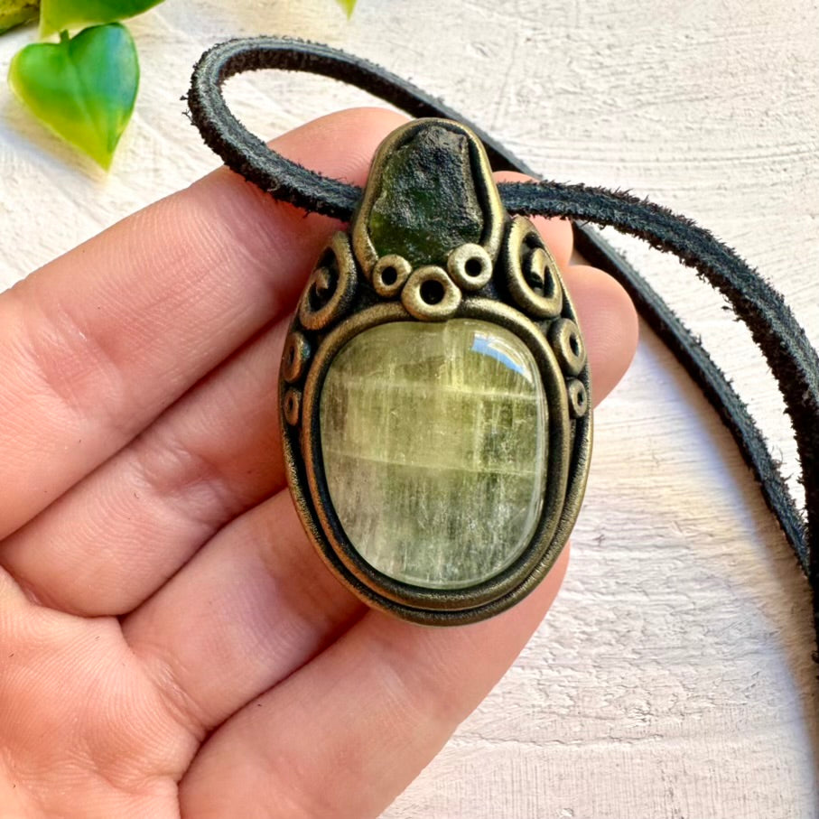 Topaz and Moldavite Necklace, Handmade Crystal Pendant