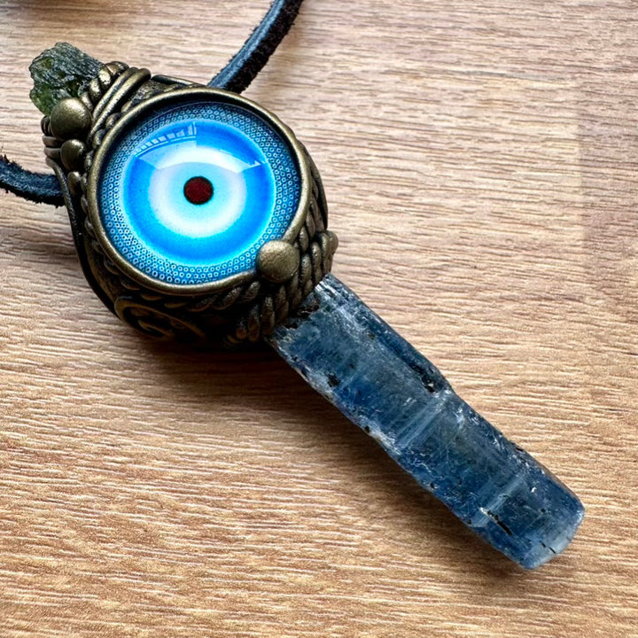 Blue Kyanite and Moldavite Evil Eye Protection Amulet, Handmade Crystal Necklace - FairyGardenGlow