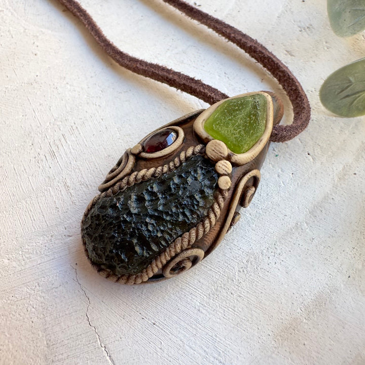 Unique handmade moldavite and peridot unisex necklace