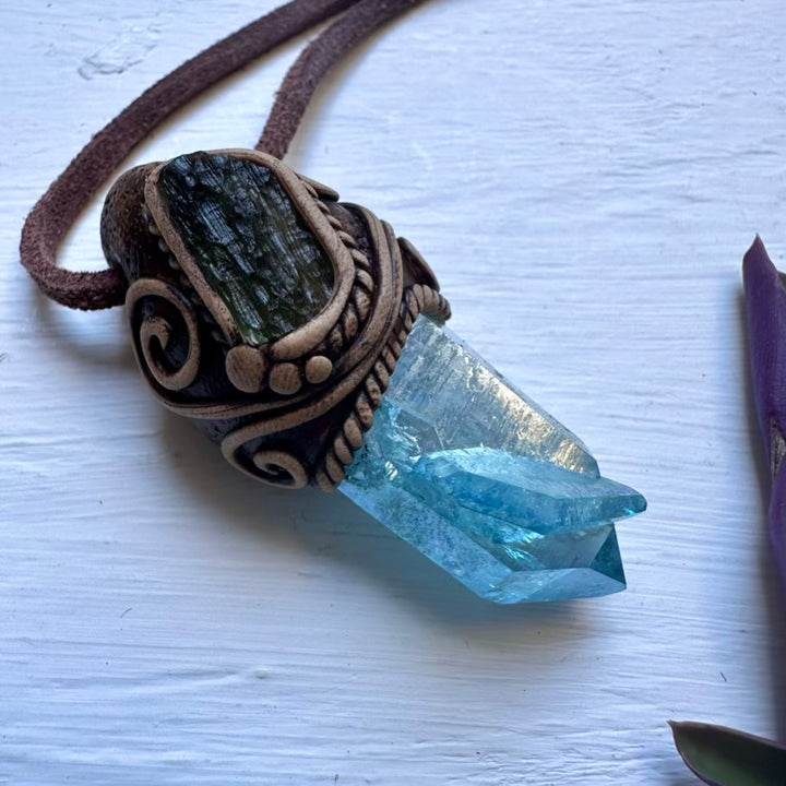 Aqua Aura Quartz and Moldavite Pendant Necklace - FairyGardenGlow
