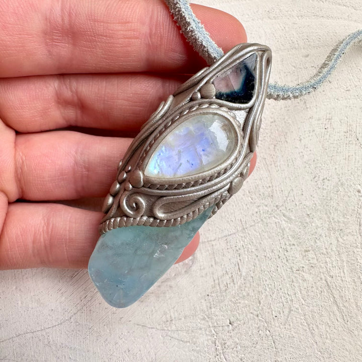 Aquamarine moonstone and tourmaline healing crystal necklace
