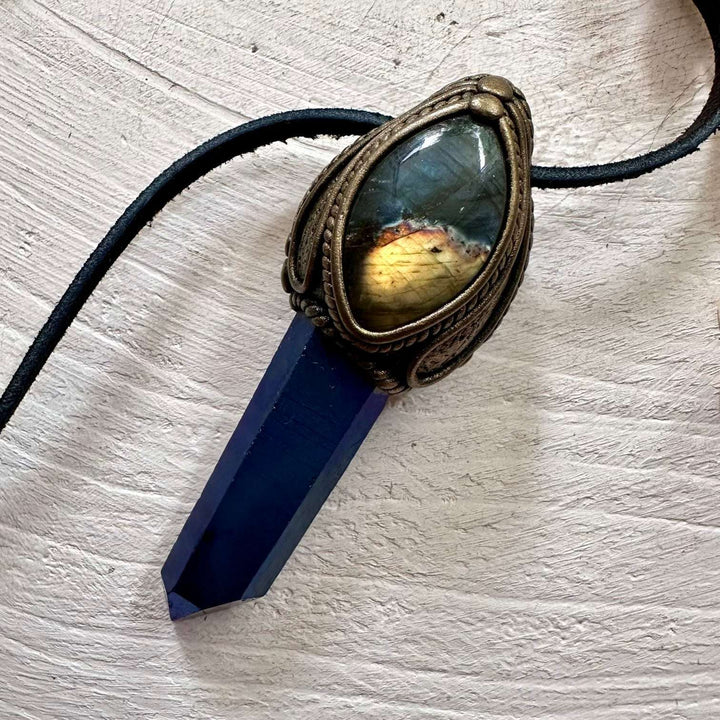 Cobalt Aura Quartz and Labradorite Necklace - FairyGardenGlow