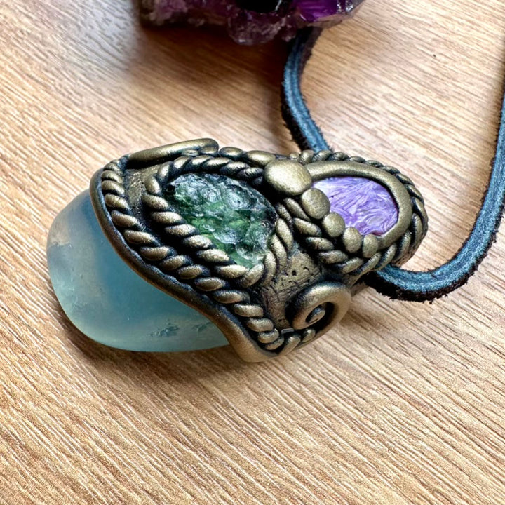 Aquamarine Charoite and Moldavite Necklace, Handmade Crystal Jewelry - FairyGardenGlow